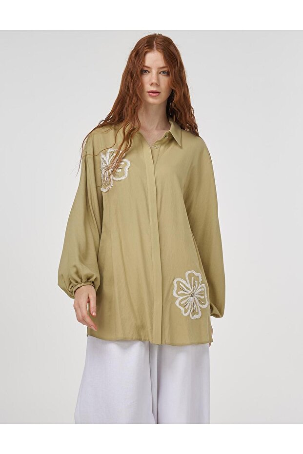 Embroidered Viscose Linen Tunic Light Green