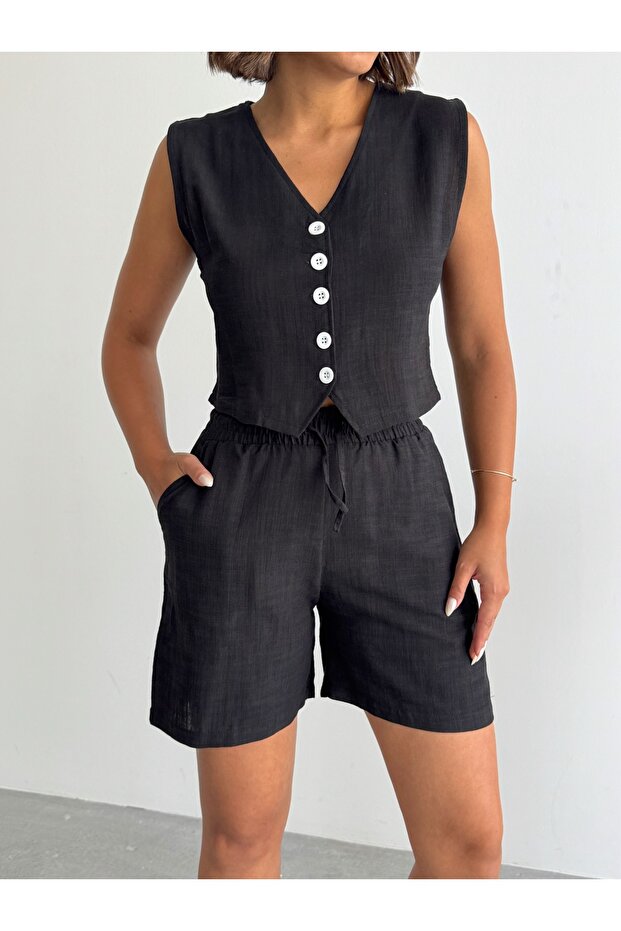 Women's Black Linen Vest Shorts Bottom Top Set