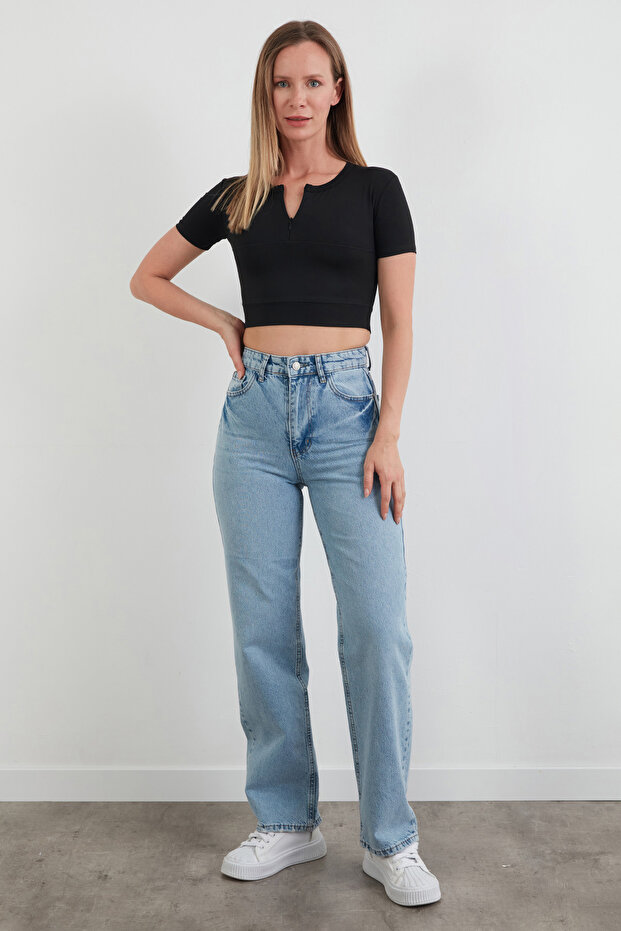 Basic Yarım Fermuarlı Dalgıç Kumaş Crop Tişört - 2