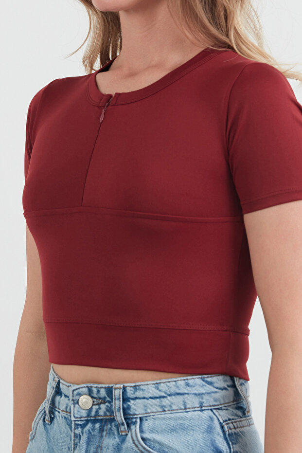Basic Yarım Fermuarlı Dalgıç Kumaş Crop Tişört - 5