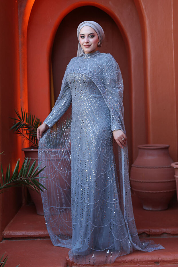 Cape Detailed Beaded Gray Hijab Evening Dress 52361Gr