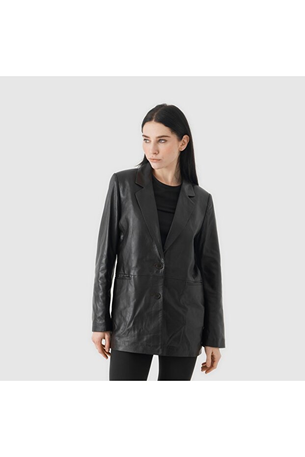 Black Women's Classic Leather Blazer Jacket [Tg810062]