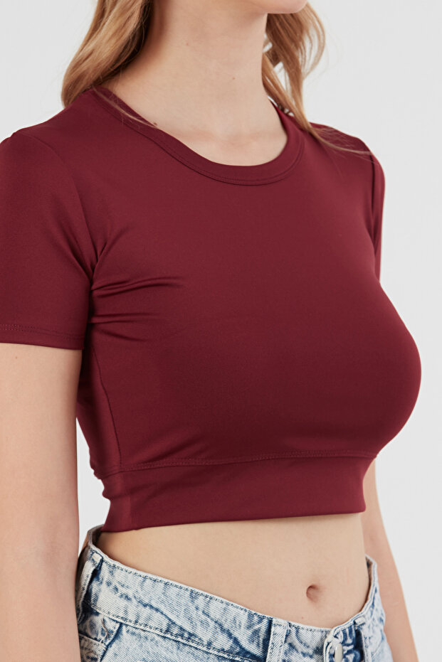 Basic Bisiklet Yaka Crop Tişört - 5