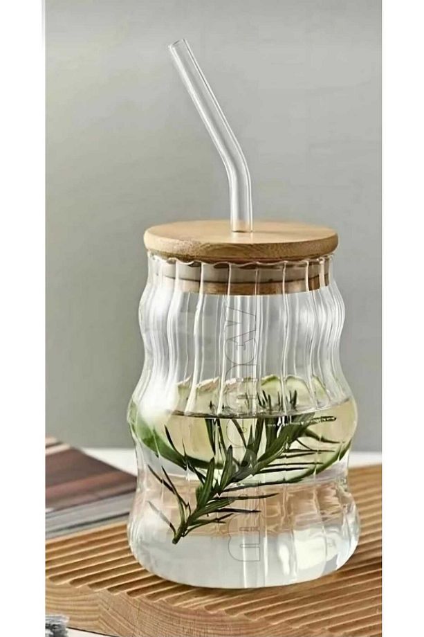 Bambu Kapaklı PİPETLİ Bardak 450 ml BOR074 - 1
