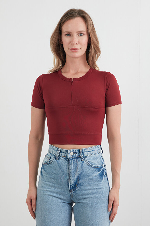 Basic Yarım Fermuarlı Dalgıç Kumaş Crop Tişört - 6