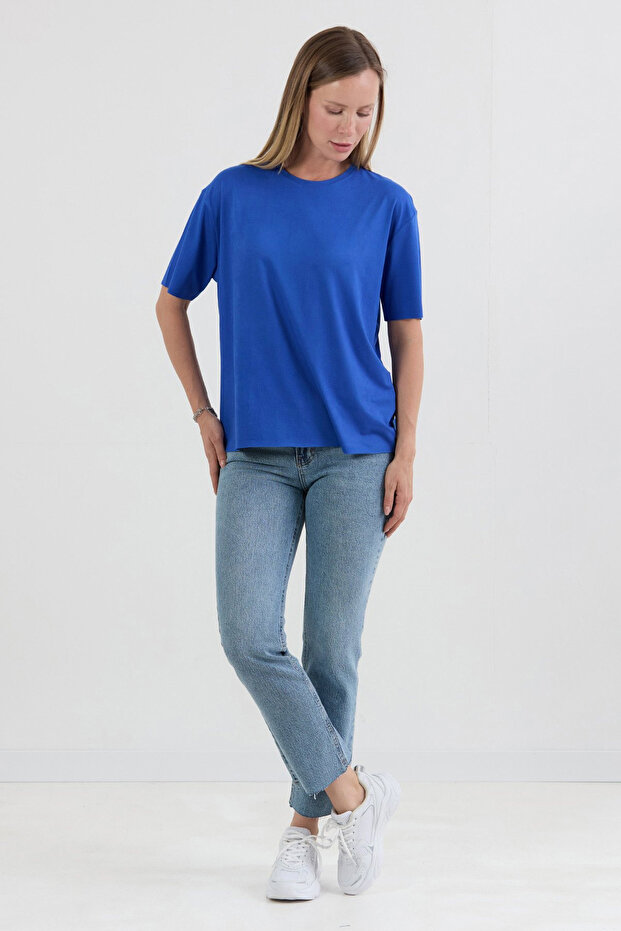 Basic Bisiklet Yaka Oversize Modal Tişört - 8