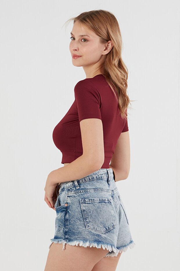 Basic Bisiklet Yaka Crop Tişört - 2