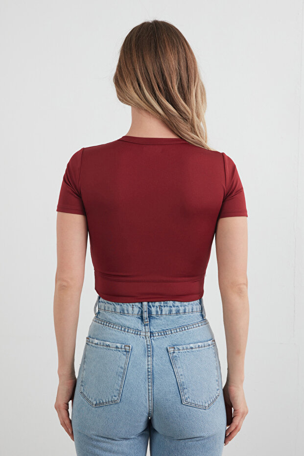 Basic Yarım Fermuarlı Dalgıç Kumaş Crop Tişört - 4