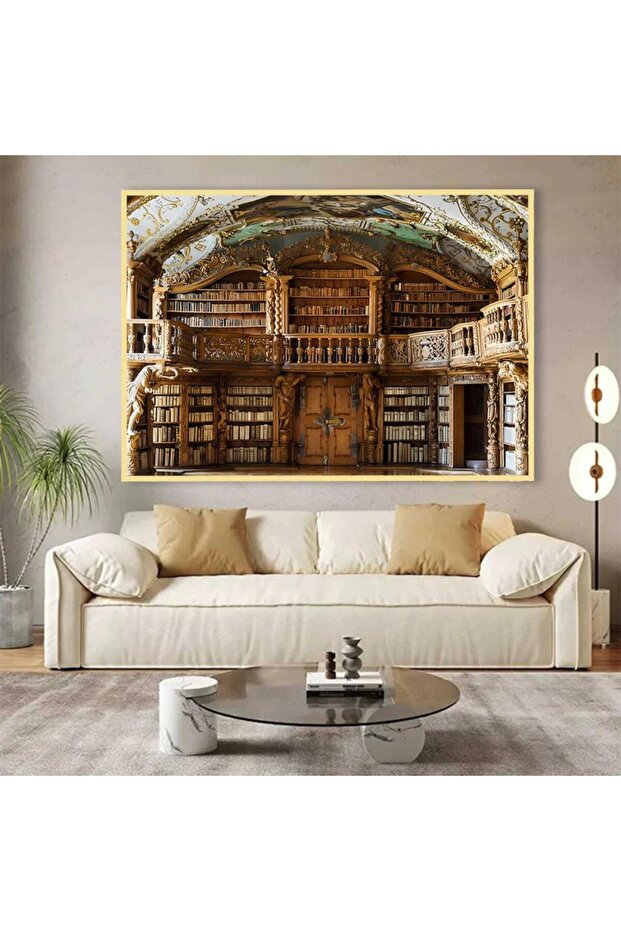 لوحة قماشية بتصميم مكتبة مع برواز فضي مجوف