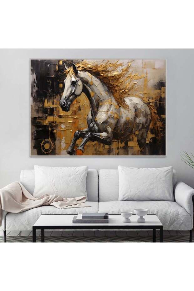 لوحة قماشية بتصميم الخيول مع برواز فضي مجوف