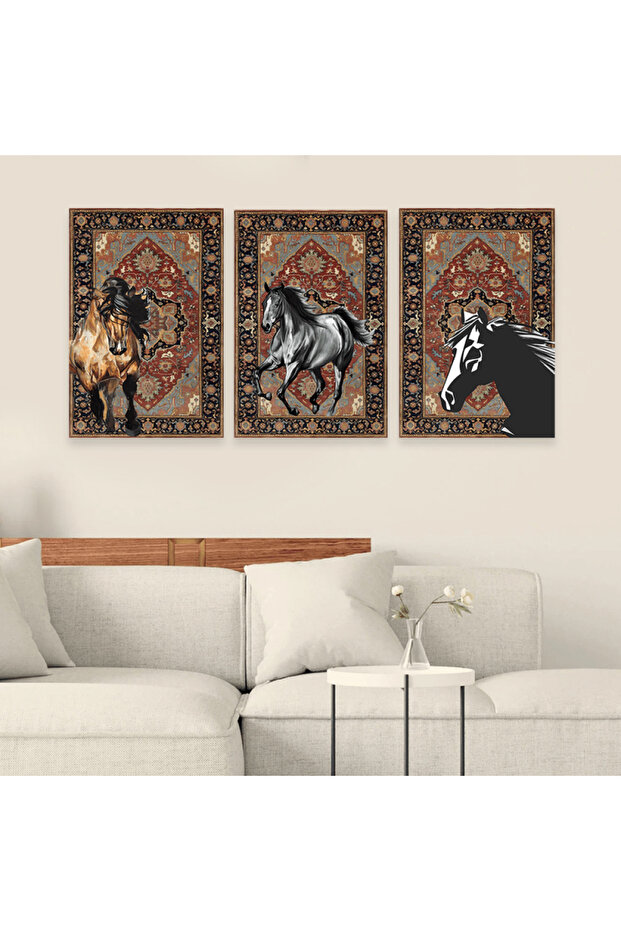 ثلاث لوحات خشبية ام دي اف بتصميم حصان مقاس 120x60 سم