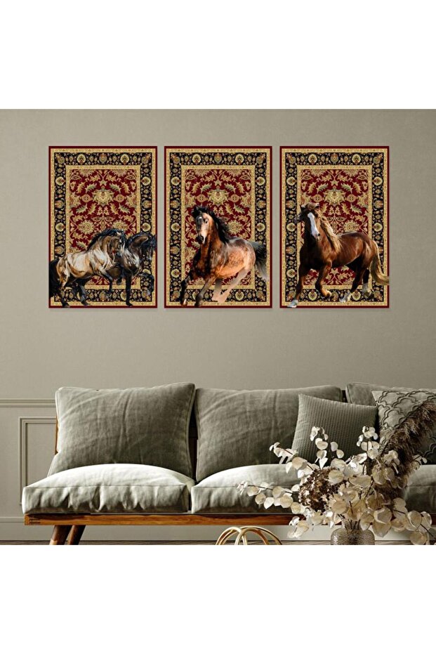 ثلاث لوحات خشبية ام دي اف بتصميم حصان مقاس 120x60 سم