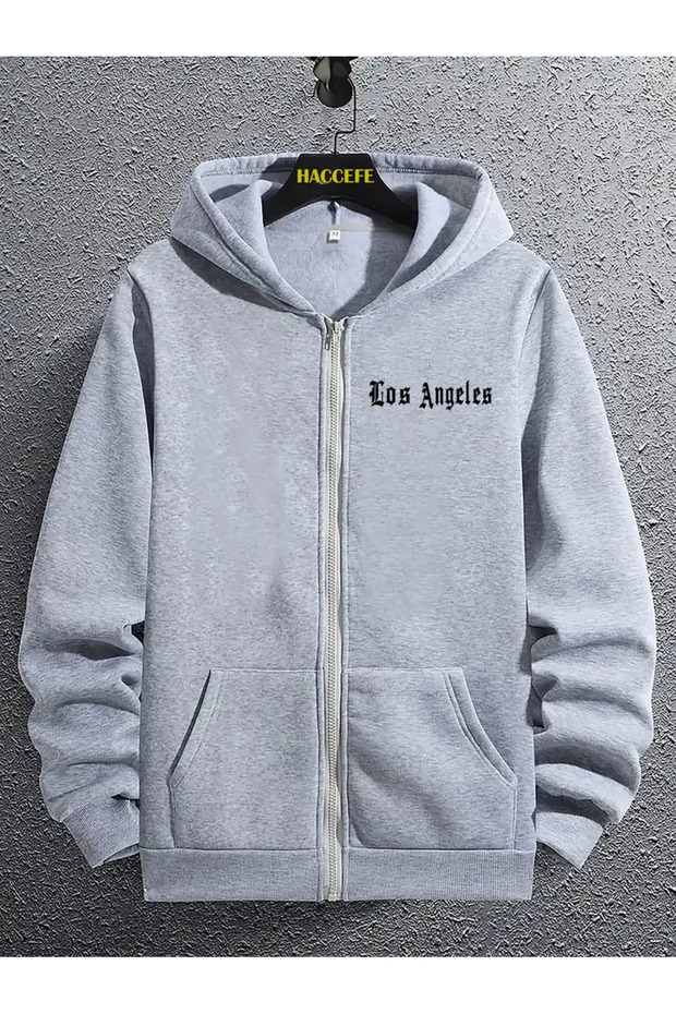 Los Angeles Printed Unisex 2Ip Knitted Fabric Hooded Oversize Zippered Cardigan