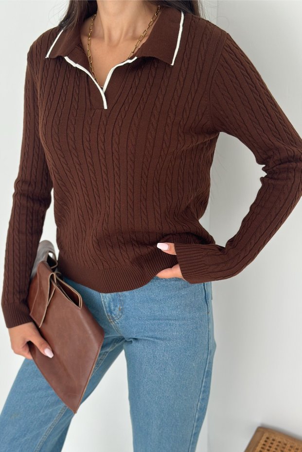 Women's Brown Polo Neck Standard Size Knitwear Blouse