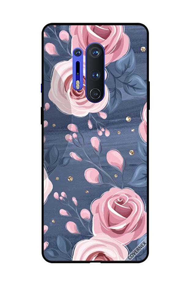 غطاء حماية لهاتف OnePlus 8 Pro بنقشة ورود وردية وأوراق رمادية داكنة
