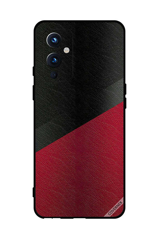 غطاء حماية لهاتف OnePlus 9 بنمط جلدي أسود وأحمر