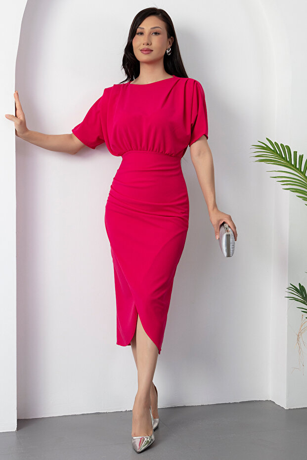 Yarasa Kol Önü Pileli Yırtmaçlı Elbise DKS1274 - 5