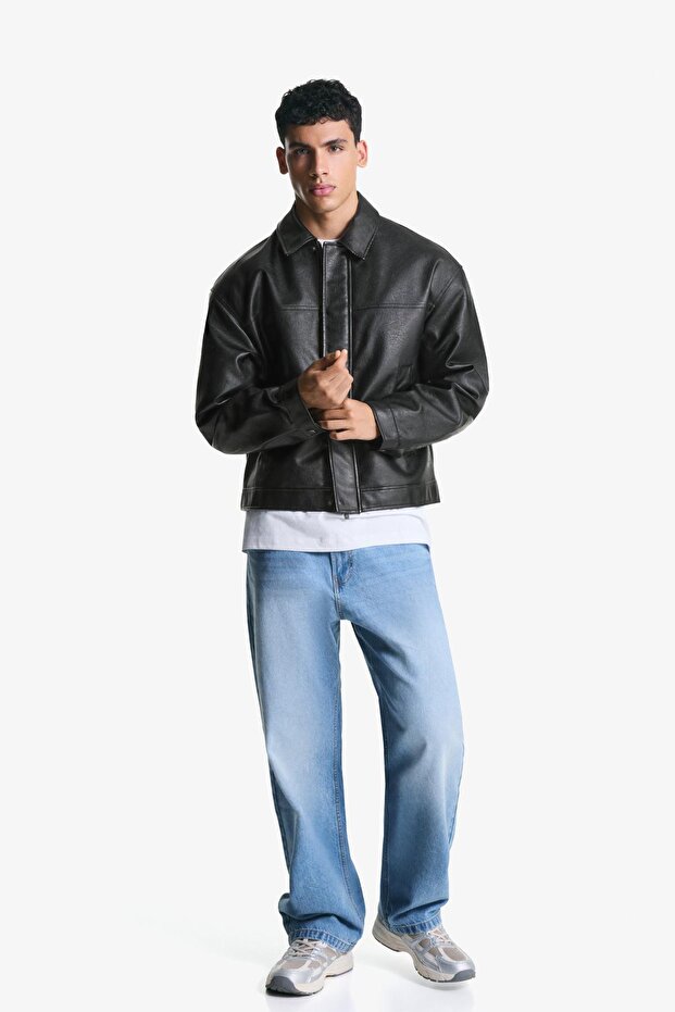 Boxy fit suni deri ceket - 5