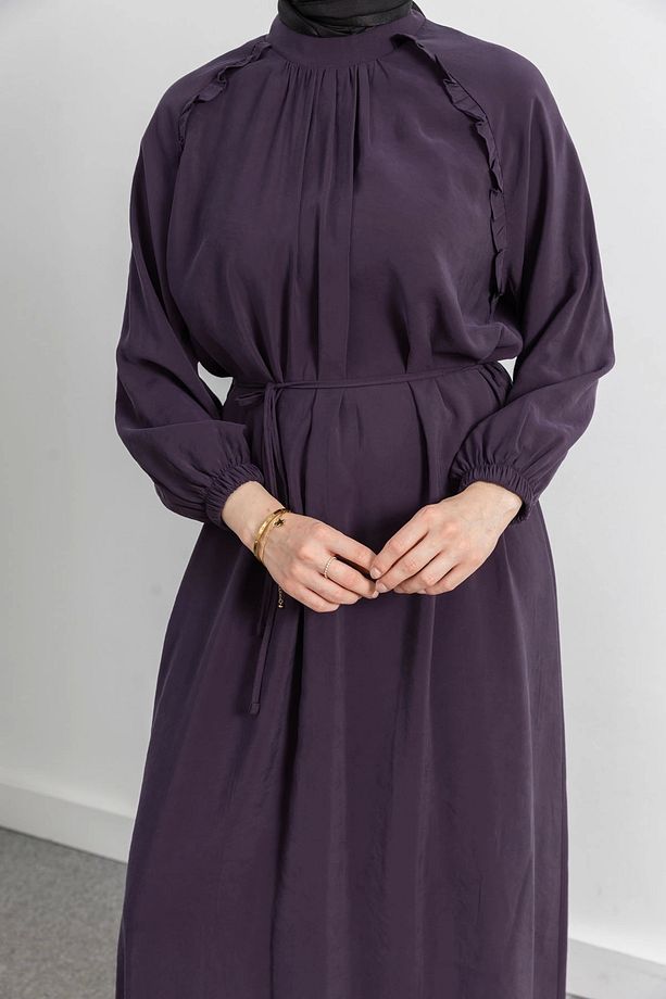 Reglan Kol Fırfır Detaylı Elbise - Mürdüm - 4