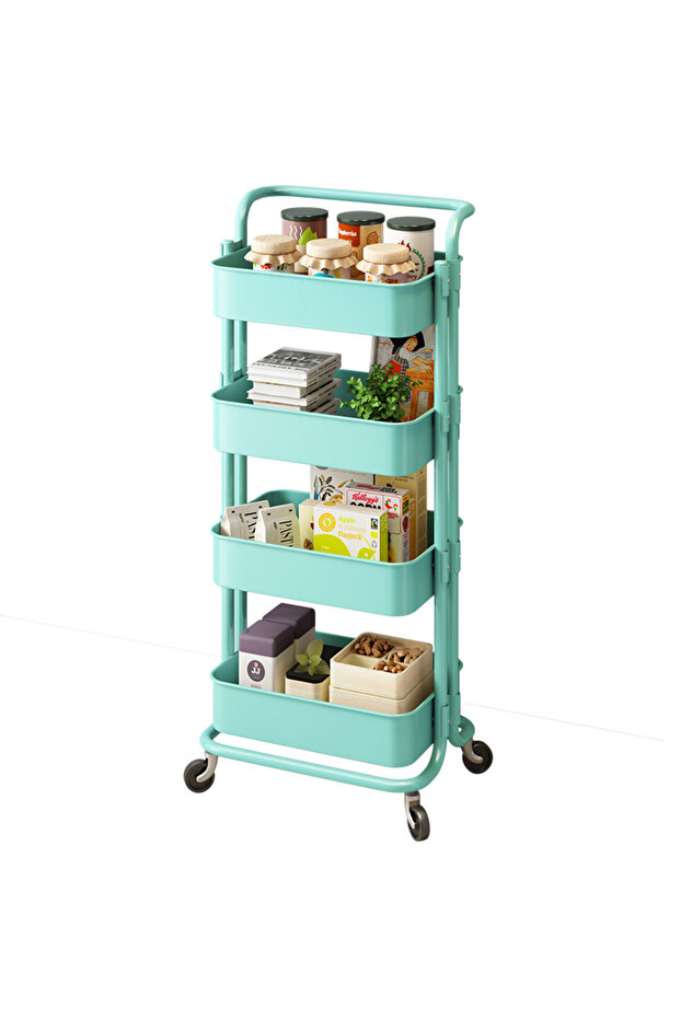 4 Tier Rolling Utility Cart Metal Multi-purpose Trolley Home Kitchen Storage Organizer Cart with Han