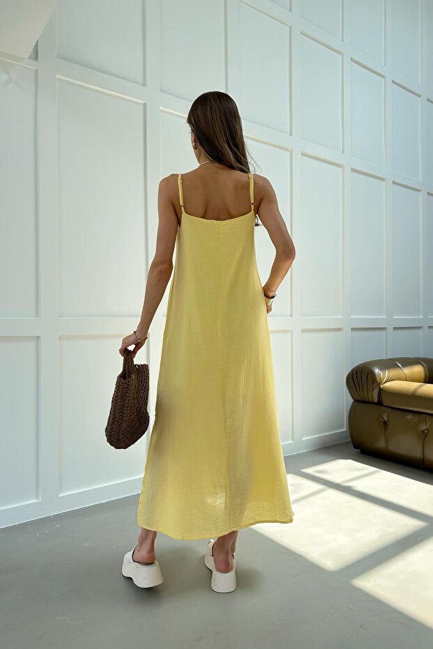Yırtmaçlı Askılı Müslin Elbise Sarı - 4