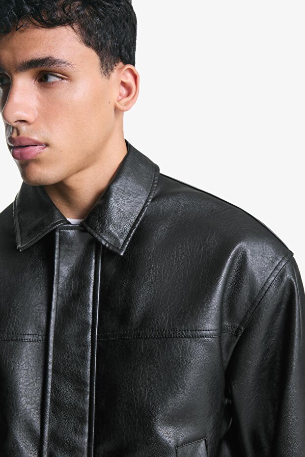 Boxy fit suni deri ceket - 4