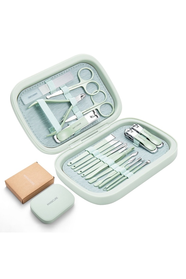 Professional 18 Piece Green Manicure Pedicure Care Set - at Home, Travel or Office