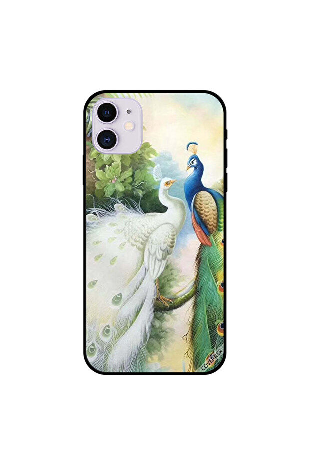 غطاء حماية لهاتف iPhone 11 بطبعة زوجين من الطاووس