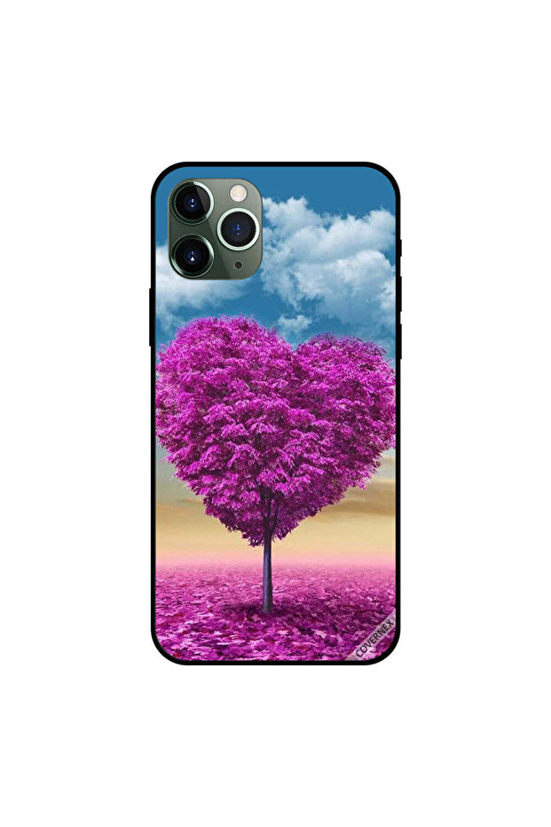 غطاء حماية لجهاز iPhone 11 Pro Max بتصميم قلب وردي وشجرة وأوراق