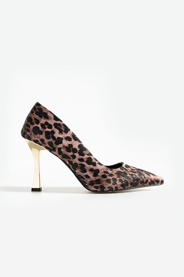 Altın Topuklu Leopar Desenli Saten Kadın Stiletto | Şık, Zarif, Göz Alıcı ve Özgüvenli Model - 2