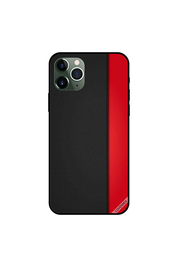 غطاء حماية لجهاز iPhone 11 Pro بنقشة جلد أحمر وأسود سادة - 1