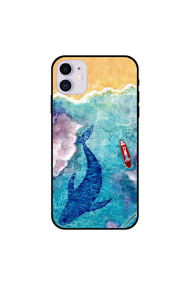 غطاء حماية لجهاز iPhone 11 بتصميم حوت وراكب أمواج