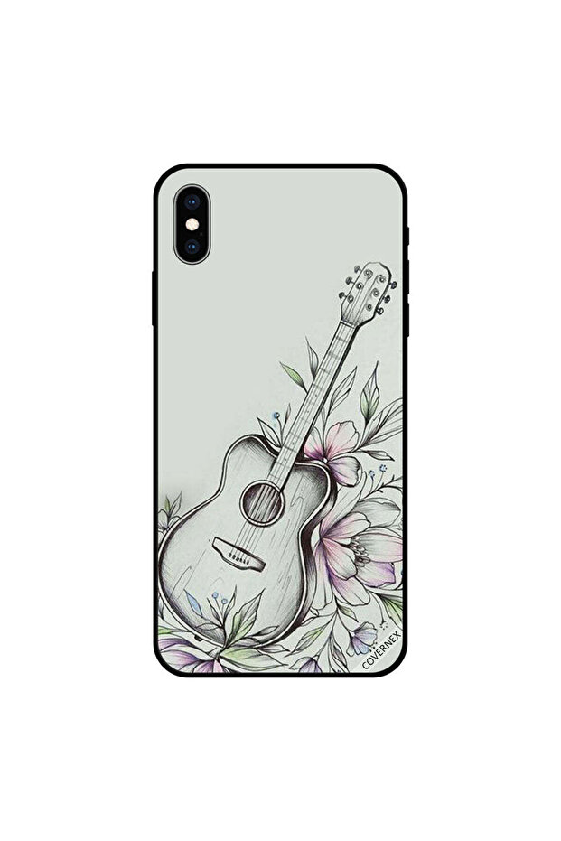 غطاء حماية لهاتف iPhone X بتصميم جيتار زهري بالأبيض والأسود