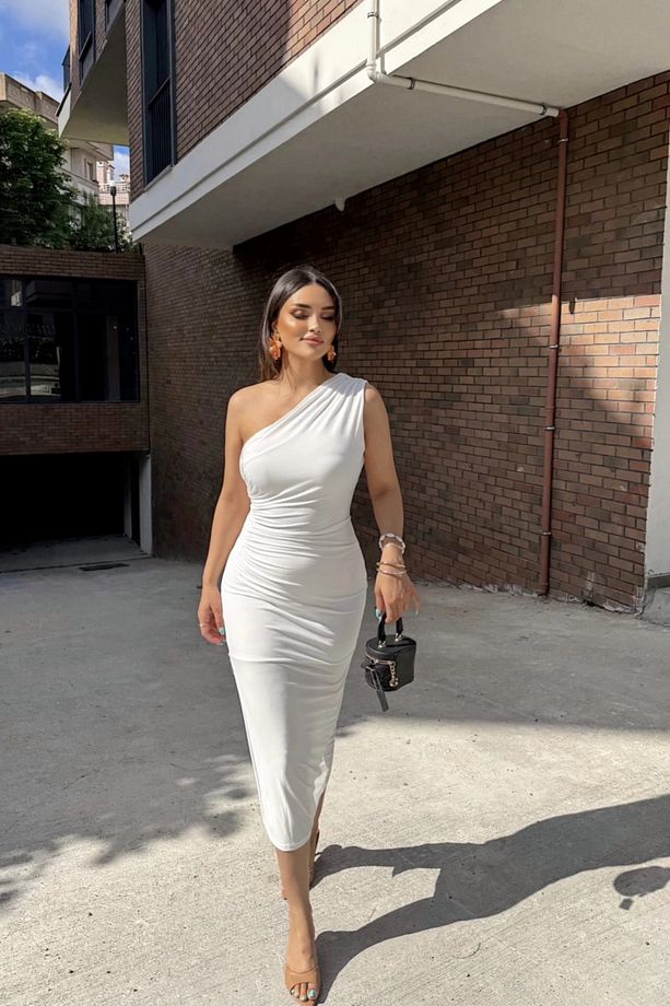 Tek Omuz Drapeli Yırtmaçlı Sandy Maxi Elbise - 2