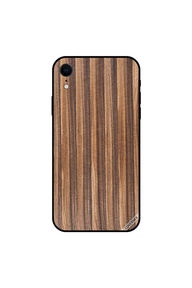 غطاء حماية لجهاز iPhone XR بخطوط بنية داكنة ونمط خشبي