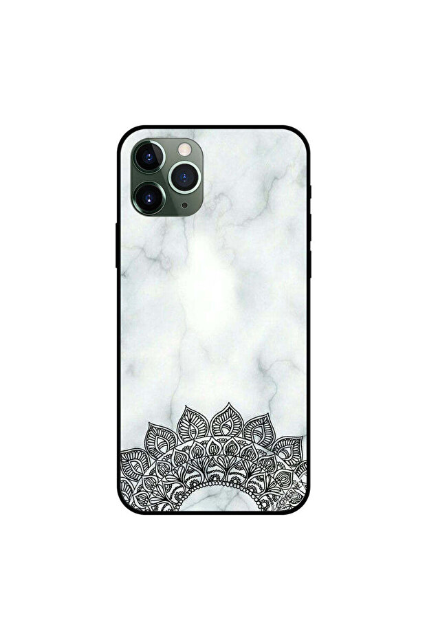 غطاء حماية لجهاز iPhone 11 Pro بنقشة زهرة سوداء ورخامية بيضاء
