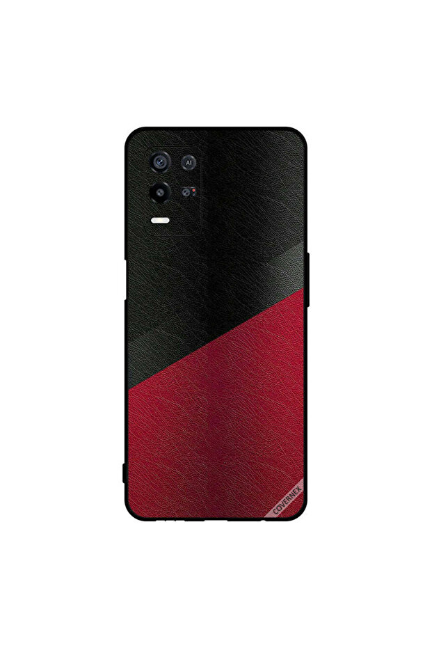 غطاء حماية لهاتف Oppo K9x بنمط جلدي أسود وأحمر