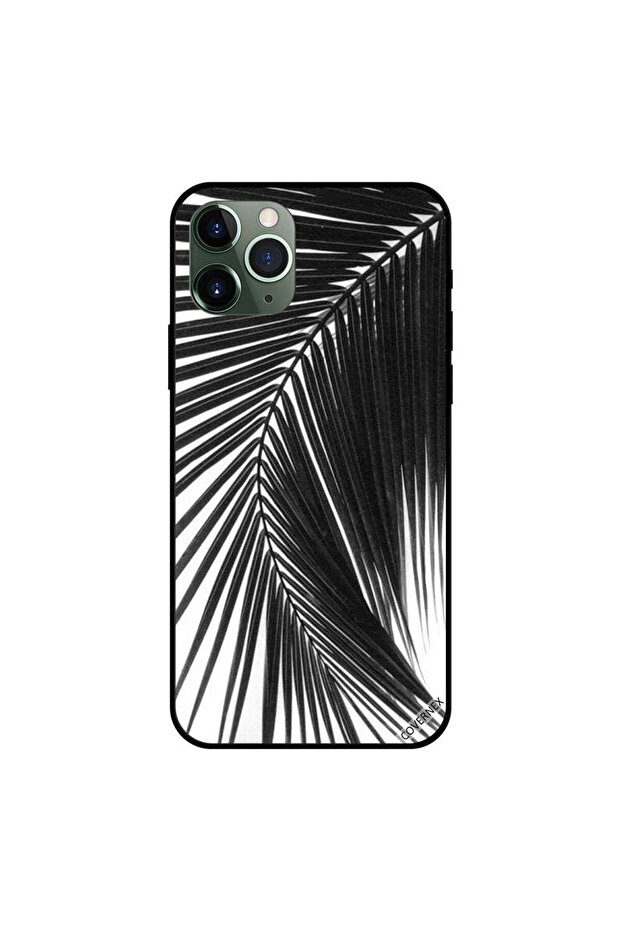 غطاء حماية لجهاز iPhone 11 Pro Max بتصميم أوراق الشجر باللونين الأسود والأبيض