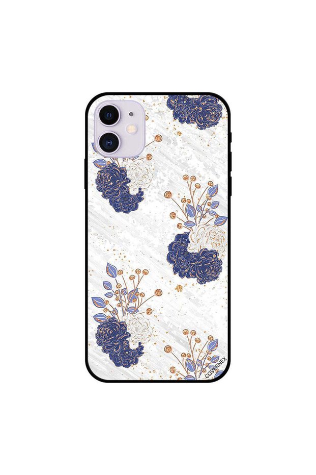 غطاء حماية لجهاز iPhone 11 بنقشة زهور باللونين الأبيض والأزرق