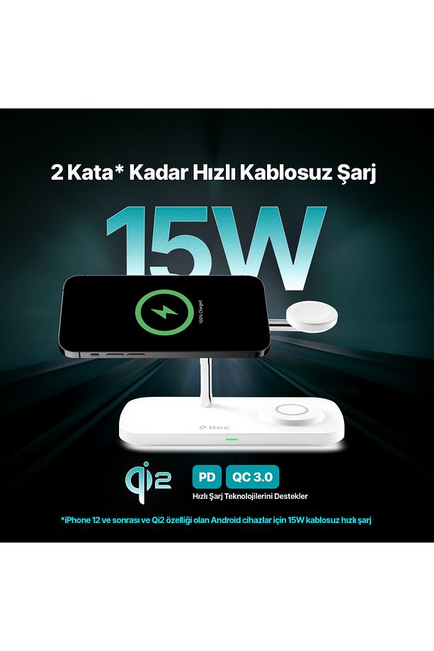 AirCharger Trio Pro Qi2/MagSafe Özellikli 15W iPhone/Android Özellikli 3’ü 1 Arada iPhone + App - 3