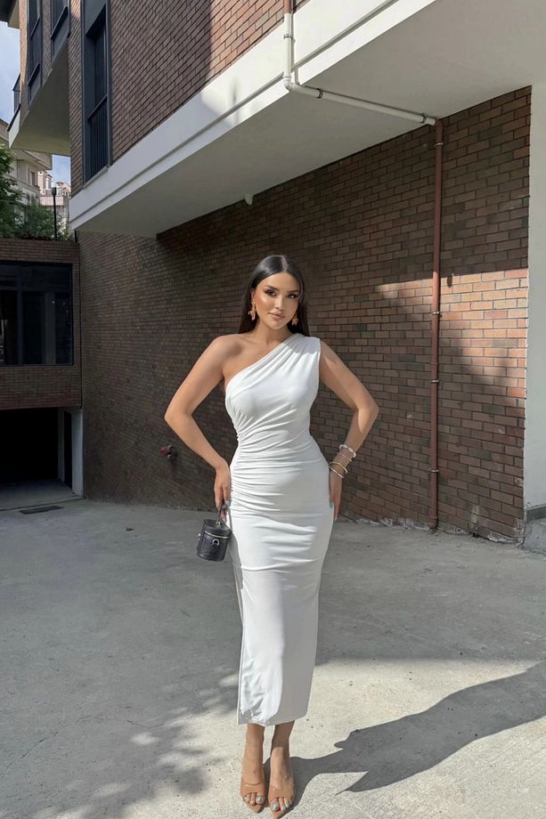 Tek Omuz Drapeli Yırtmaçlı Sandy Maxi Elbise - 4