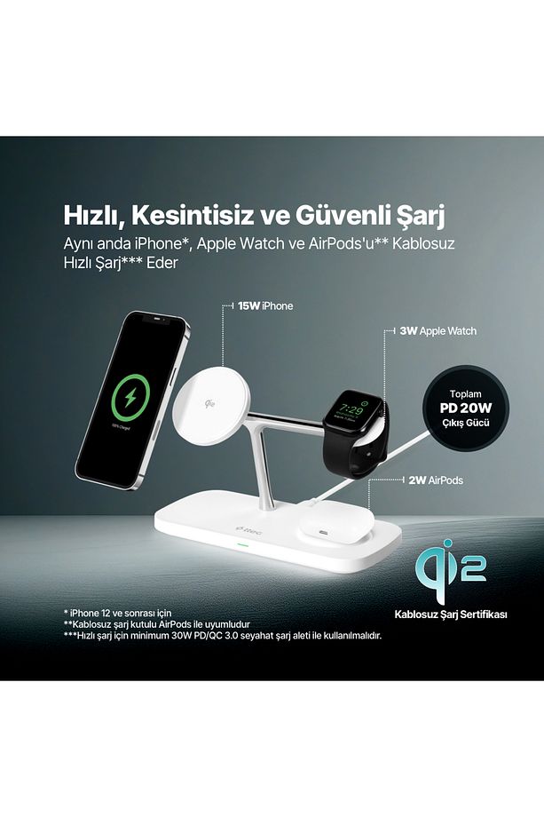 AirCharger Trio Pro Qi2/MagSafe Özellikli 15W iPhone/Android Özellikli 3’ü 1 Arada iPhone + App - 2