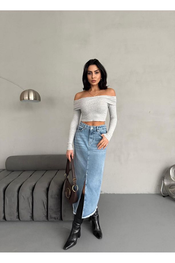 KADIN MAXI BOY ÖN YIRTMAÇ DETAYLI FRESH MAVİ KOT ETEK - 8