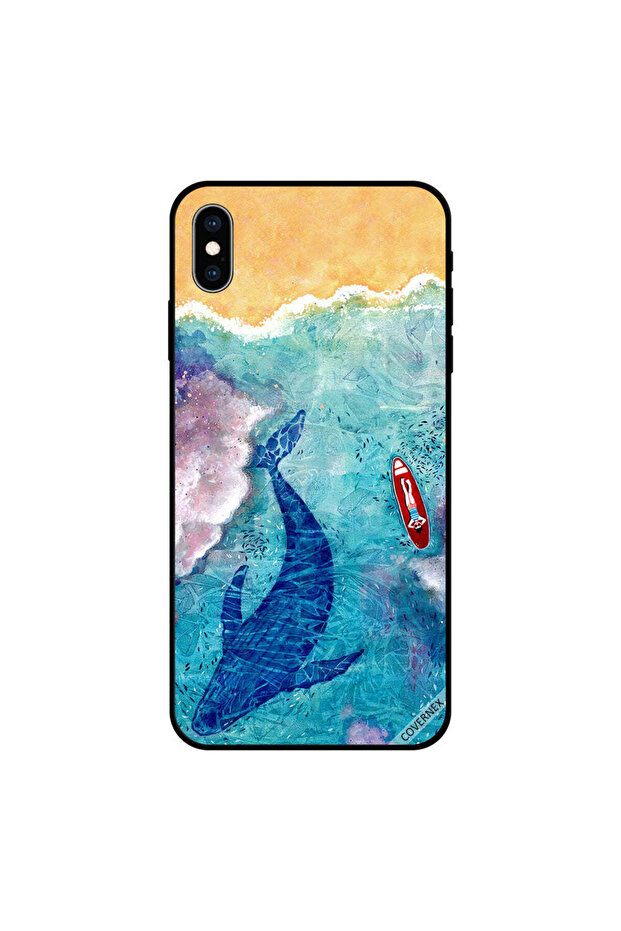 غطاء حماية لجهاز iPhone X بتصميم حوت وراكب أمواج