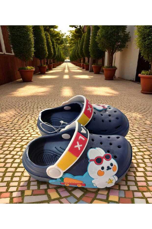 Children's Navy Blue Color, Carrot Rabbit Figured Anti-Slip Sandals Cross Slippers