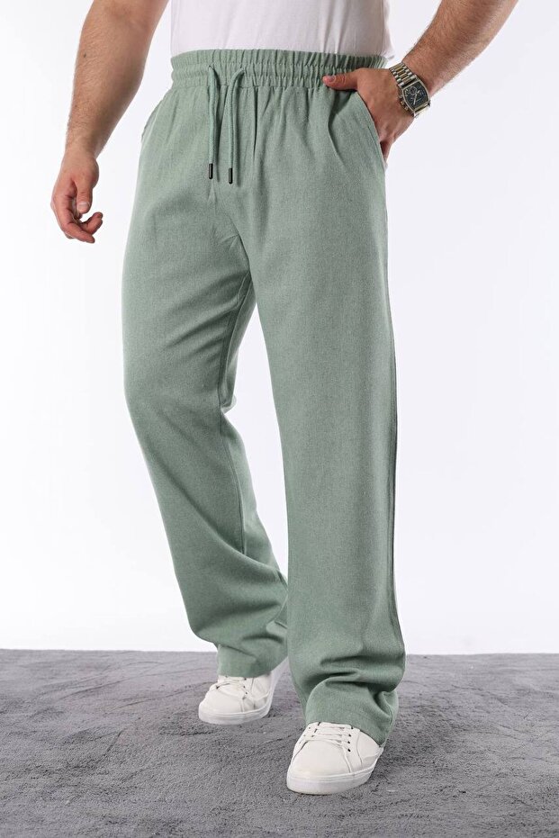 Men's Light Green Color Elastic Waist Relaxed Fit Linen Trousers