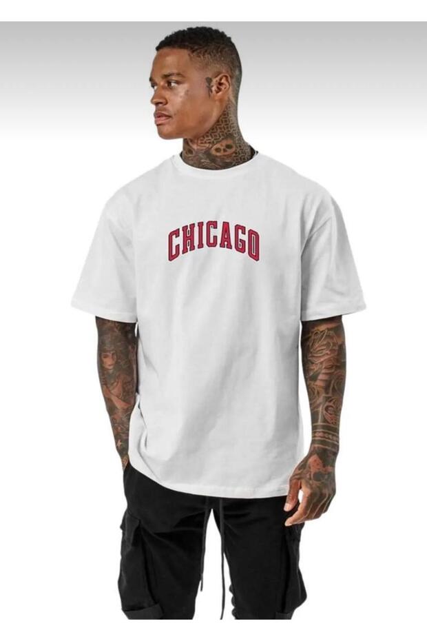Oversize Cotton Chicago Printed Relaxed Fit T-Shirt Unisex