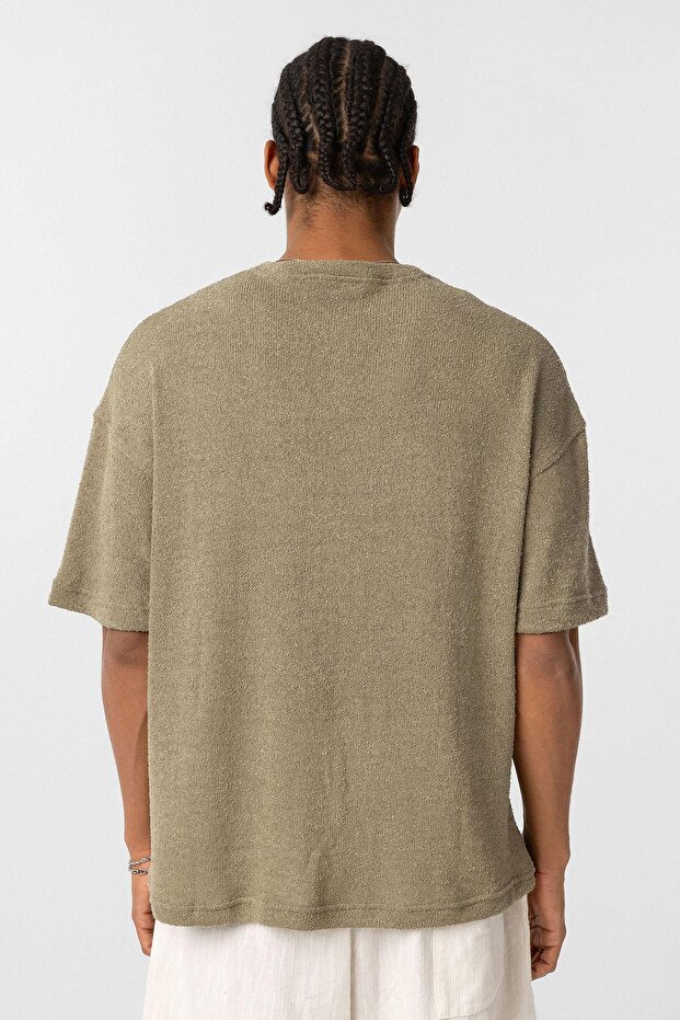 Basic Oversize Düğme Yaka Tişört Haki - 6