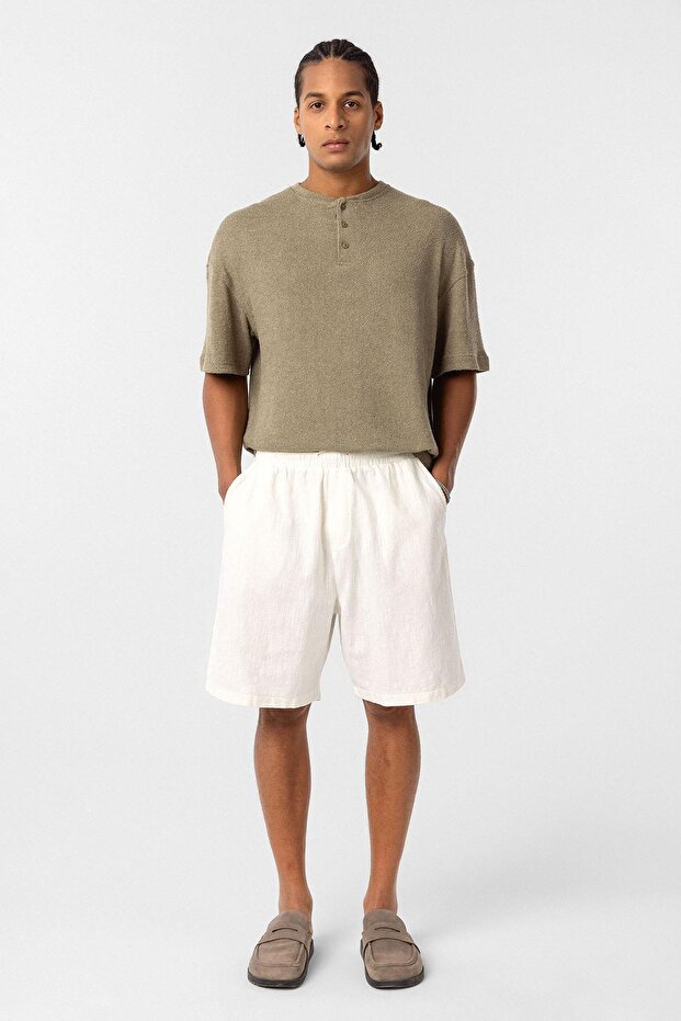 Basic Oversize Düğme Yaka Tişört Haki - 1