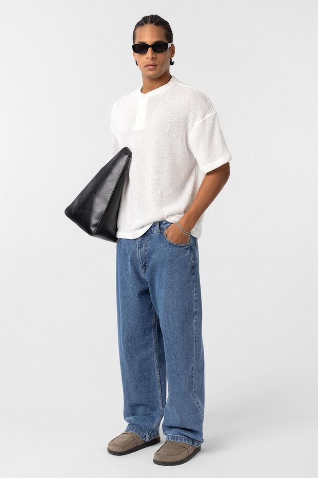 Basic Oversize Düğme Yaka Tişört Ekru - 1